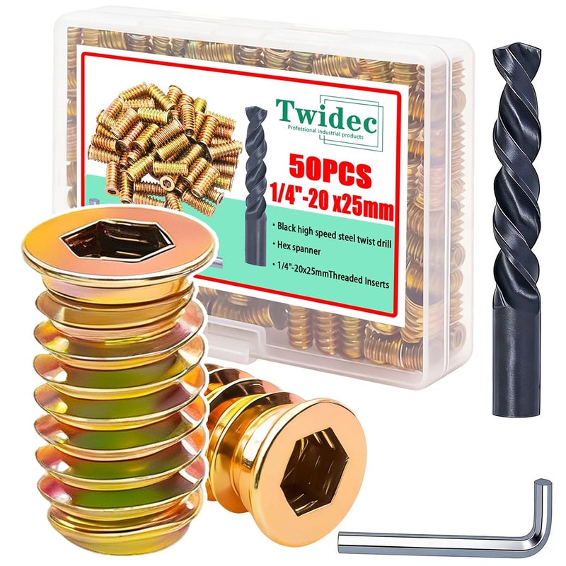 Twidec /50PCS 1/4"-20 Threaded Inserts for Wood Furniture Screw-in Nut Wood Inserts Bolt Assortment Kit with M6 Hex Wrench (1/4"-20 x25mm) N-059-1/4x25 - Image 1